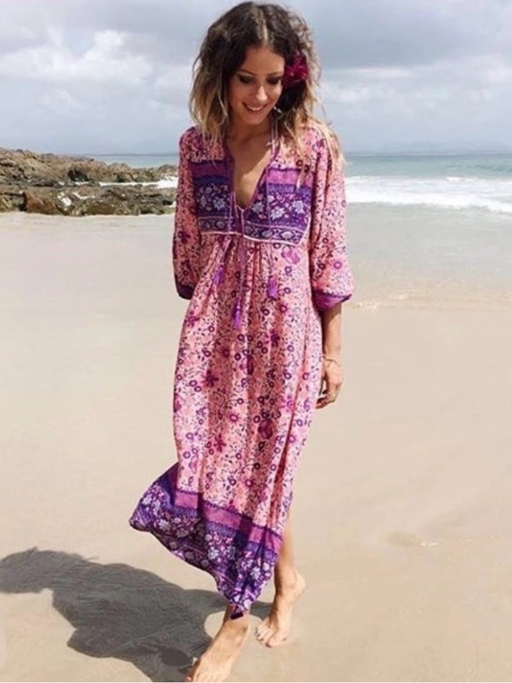 Boho Pink and Purple Maxi /midi Dress small - Picture 3 of 12